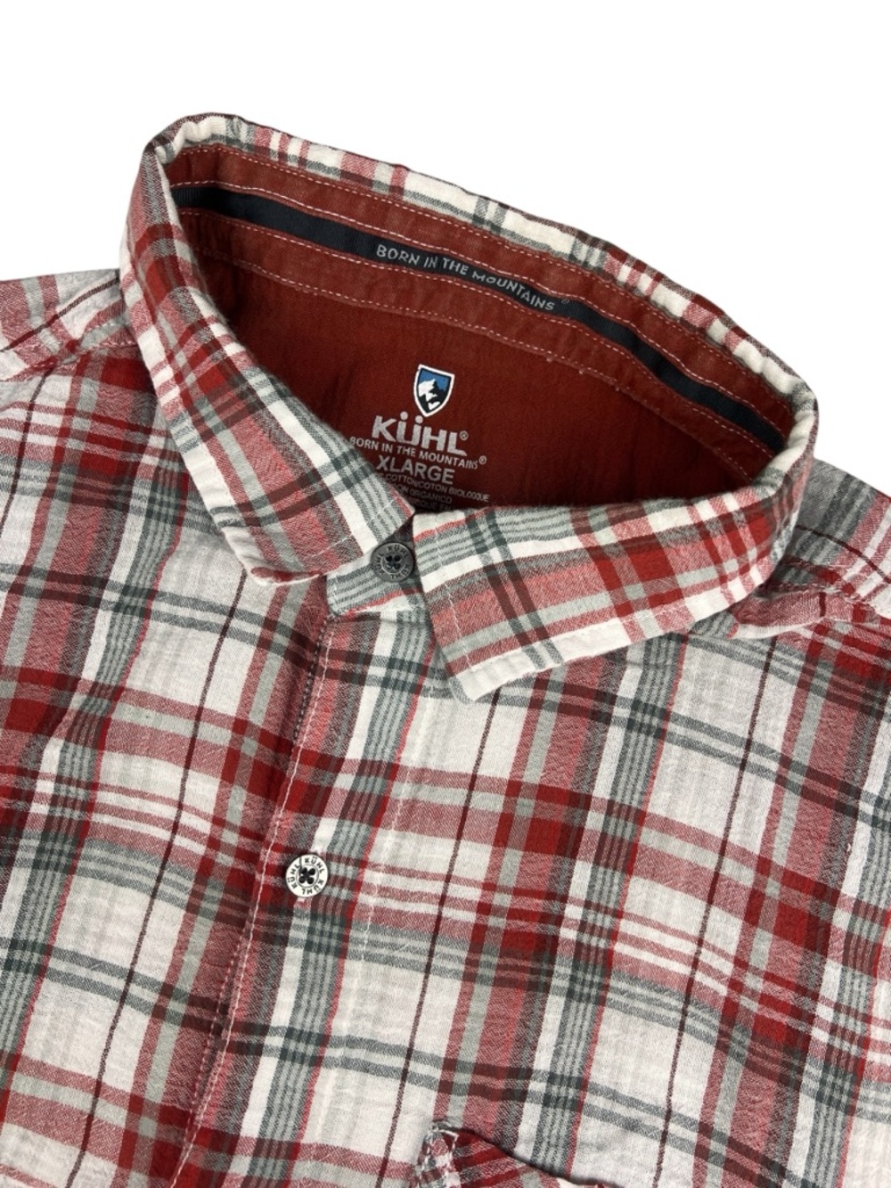 Kuhl Shirt Mens XL Red Gray Plaid Button Up Trail Hiking Outdoors Organic Cotton